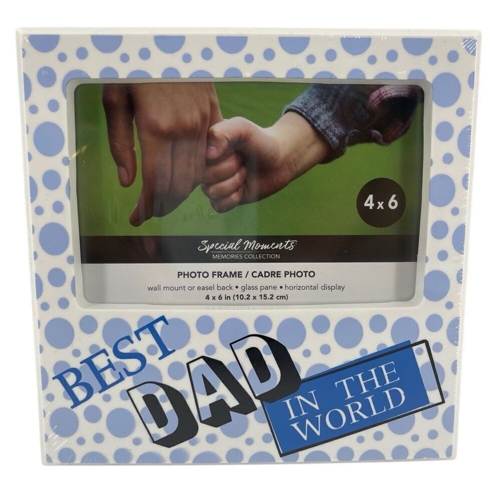Best Dad in the World 4x6 Picture Frame White Blue Dots Wall or Tabletop NIB